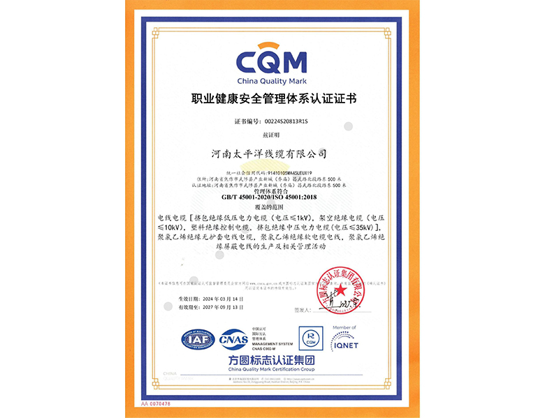 職業(yè)健康安全管理體系認(rèn)證證書